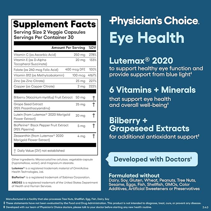 Physician's Choice Eye Health - Lutein Zeaxanthin &amp Bilberry Extract - Supports Eye Strain Dry Eyes and Vision Health - 2 Award-Winning Clinically Proven Eye Vitamin Ingredients - Carotenoid Bl