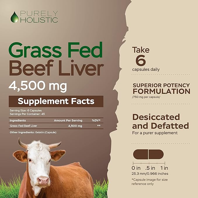Grass Fed Beef Liver Capsules 4500mg - 270 Capsules 750mg Each - Grassfed Desiccated Liver Supplement - Pasture Raised in Argentina Non GMO Hormone Free Source of Heme Iron CoQ10 Vitamins A &amp B12