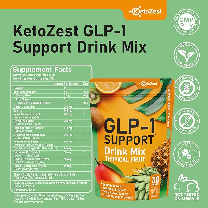 GLP-1 Support Drink Mix Powder - Women Men Weight Loss Support Natural Appetite Suppressant &amp Metabolic Booster - Daily GLP1 Support for Fat Burn Cravings Control Gut Health Fiber Supplement