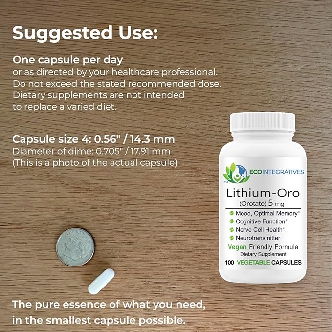 Lithium Oro 5mg Supports Healthy Mood Emotional Wellness Behavior and Memory. Bioavailable 100 Caps (Elemental Lithium Orotate) (5)