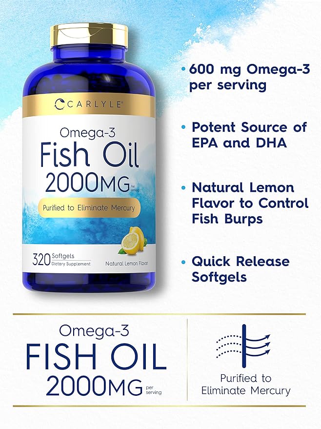 Carlyle Fish Oil Omega 3 Supplements | 2000mg | 320 Softgels | EPA &amp DHA | 600mg Total Omega-3 | Non-GMO Gluten Free Pills