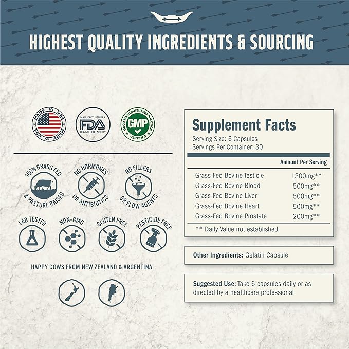 100% Grass Fed Beef Testicle with Prostate Blood Liver &amp Heart - Beef Organ Supplement for Men - 3000mg / 30 Servings