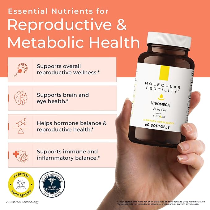 VIVOMEGA Fish Oil with VESIsorb® - Fertility Supplement for Women &amp Men - Doctor Formulated EPA DHA Omega 3 Fatty Acids Vitamin D3 K2 for Reproductive Wellness - 60 Softgels