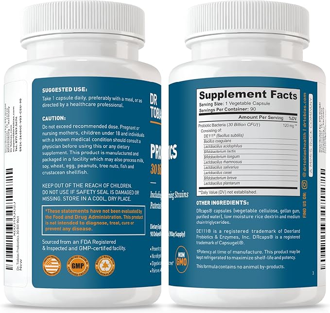 Dr. Tobias Probiotics 30 Billion 10 Strains 30 Billion CFU's Targeted Release Probiotics for Women &amp Men Supports Digestive Health Shelf-Stable Non-GMO 90 Capsules 90 Servings