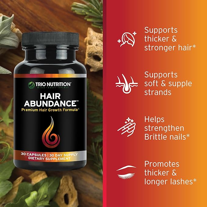 TRIO NUTRITION Hair Abundance | Natural Vitamin Supplement for Hair Growth Strong Nails and Smooth Skin| Boosted with Collagen Keratin Zinc &amp Selenium | Biotin 10000mcg | 30 Day Supply