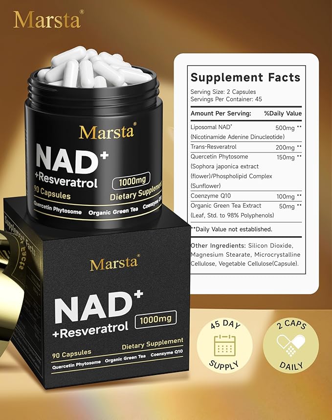 MARSTA Liposomal Resveratrol Supplement 1000mg Organic - Compatible with NAD+ for Cellular Energy &amp Anti-Aging Supports Focus &amp Stamina Non-GMO &amp Gluten-Free 90 Capsules