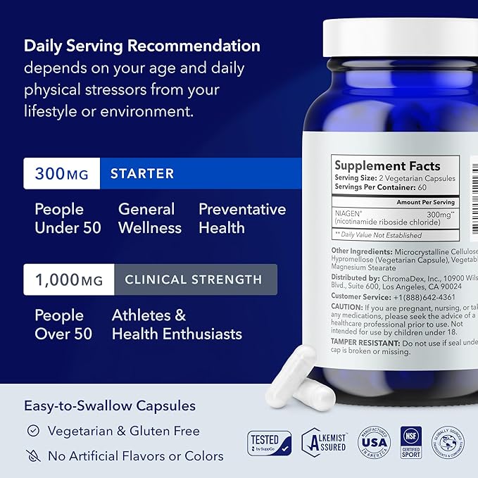 TRU NIAGEN Patented NAD Supplement for Brain Function Anti Aging &amp Cell Regeneration Niagen 60 300mg Servings | Supports Cellular Energy Muscle | Nicotinamide Riboside (NR) Take 2 Daily | 2 Bo