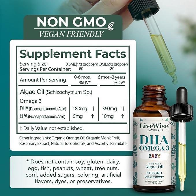 LiveWise Naturals DHA Omega 3 Drops for Kids - Vegan Liquid Omega 3 for Infants Toddlers &amp Children - Essential DHA Supplement for Baby Brain Eye &amp Immune Health