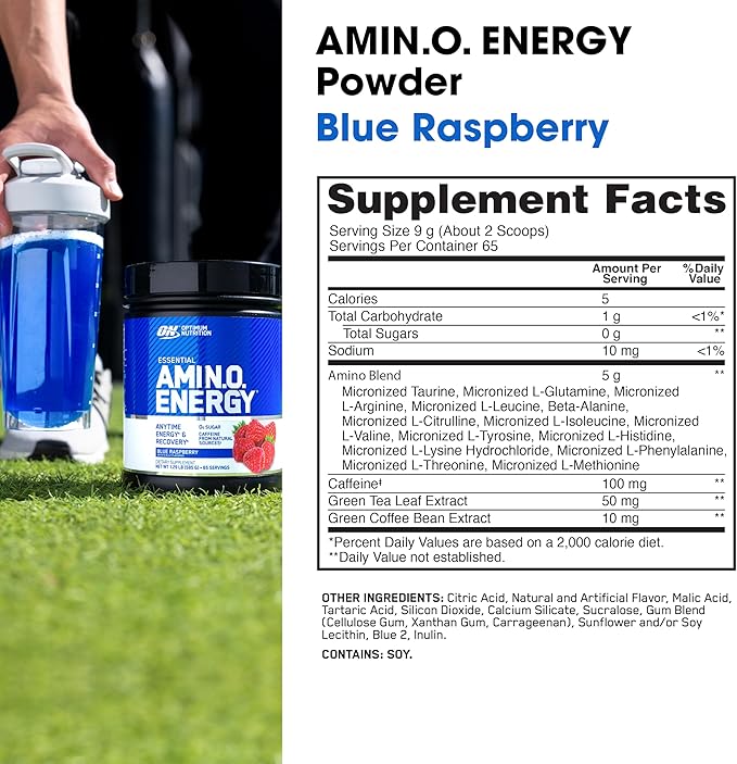 Optimum Nutrition Amino Energy - Pre Workout with Green Tea BCAA Amino Acids Keto Friendly Green Coffee Extract Energy Powder - Blue Raspberry 65 Servings (Packaging May Vary)