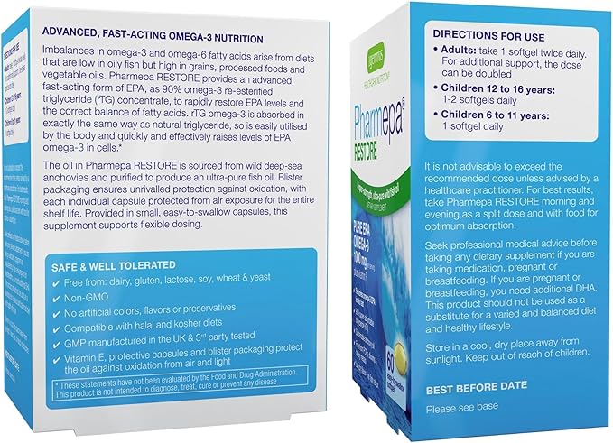 Igennus Pharmepa Restore Pure EPA 1000mg Omega 3 rTG Fish Oil IFOS Certified High Absorption 90% Concentration Triple Strength Wild &amp Sustainable Lemon Flavor 1-Month Supply 60 Softgels