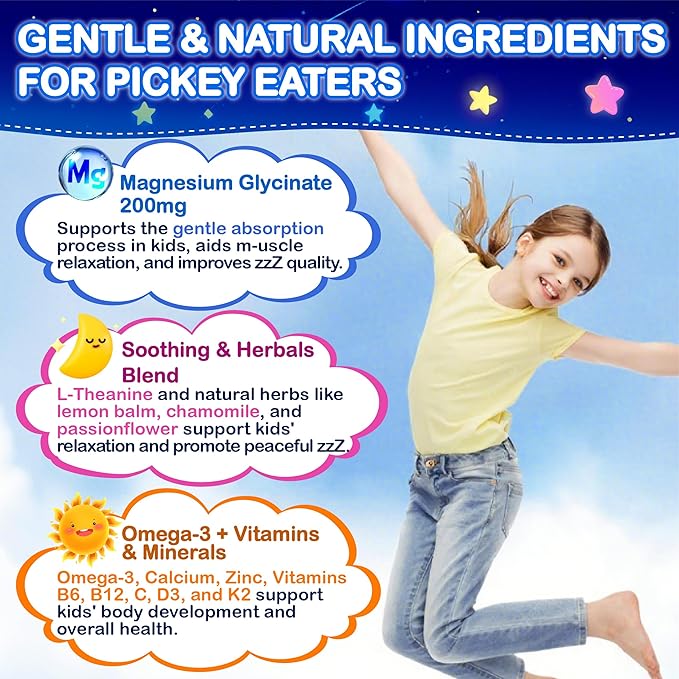 Kids Magnesium Glycinate Gummies - Magnesium Glycinate Supplement 200mg with L-theanine Omega-3 Calcium Vitamin D3 &amp B12 for Kids Natural Zzz at Bedtime &amp Overall Health - Sugar Free &amp Non