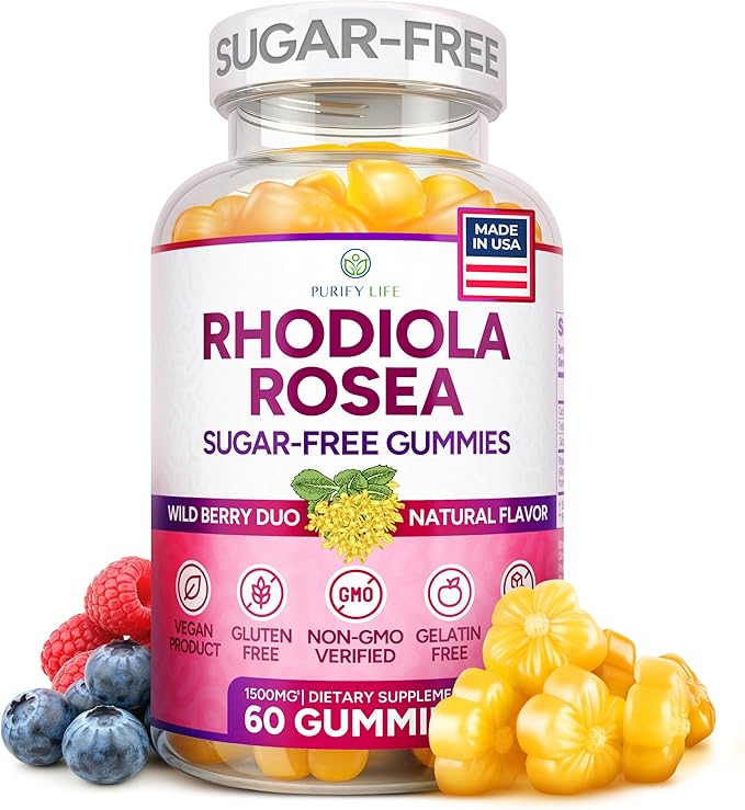 Sugar-Free Rhodiola Rosea Gummies (1500mg/Serving) Cortisol Detox &amp Adrenal Support Rhodiola Rosea Supplement for Mood Stamina &amp Performance Motivation Non-GMO 60 Vegan Chews