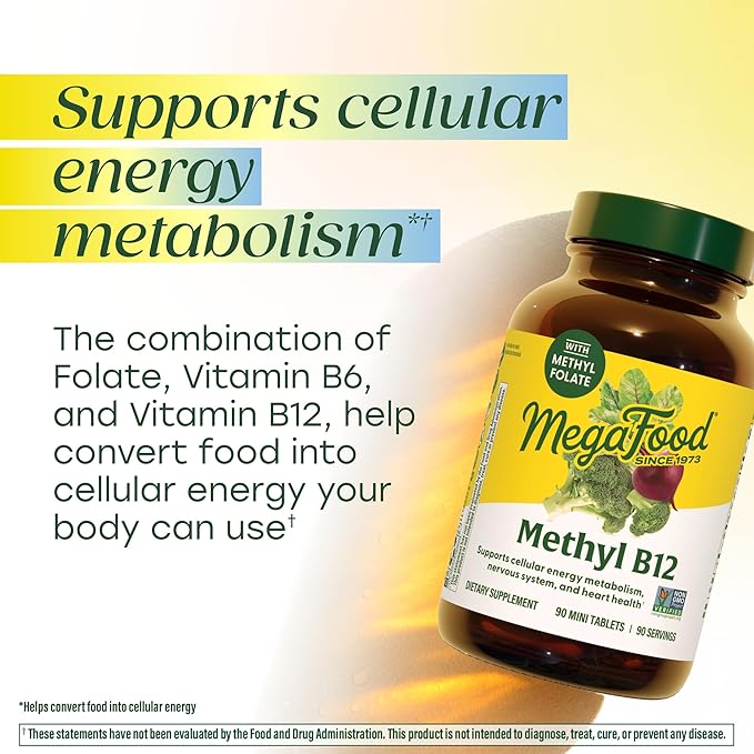 MegaFood Methyl B12 - Vegan - Includes Methyl Folate Vitamin B12 &amp B6 - Supports Cellular Energy Production Nervous System Health &amp Cardiovascular Function - 90 Tablets