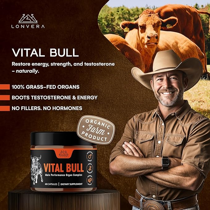 Vital Bull Beef Organ Supplement for Men with Grass Fed Liver Testicle Prostate &amp Bone Marrow – Freeze Dried Beef Organ Capsules for Nutrient Support – 30 Day Supply