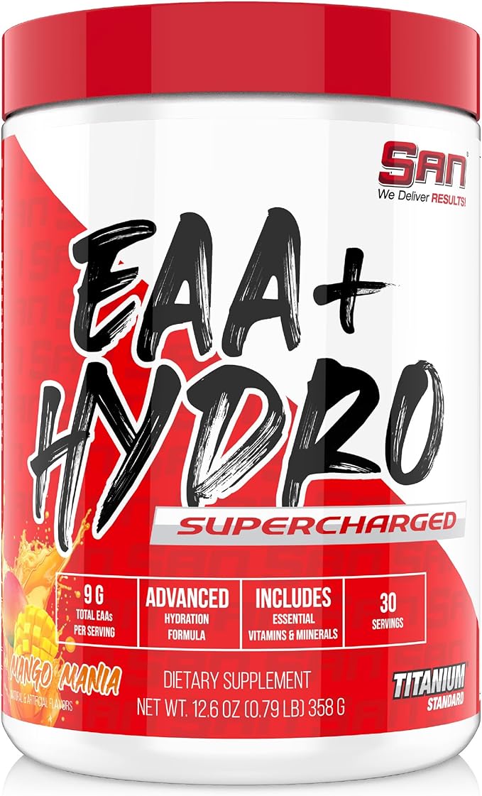 SAN EAA Hydration | EAAs + BCAA| Muscle Recovery &amp Intra | 9G Essential Amino Acids + Electrolytes | Mango Mania 30 Serving