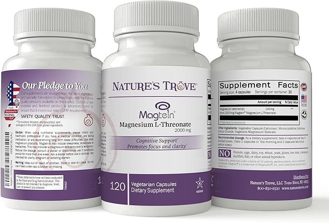 Magtein Magnesium L-Threonate Supplement – 2000 Mg L-Threonate Magnesium Supplement for Sleep Calm Memory &amp Brain Fog – Non-GMO Magtein – 120 Vegetarian Capsules by Nature's Trove