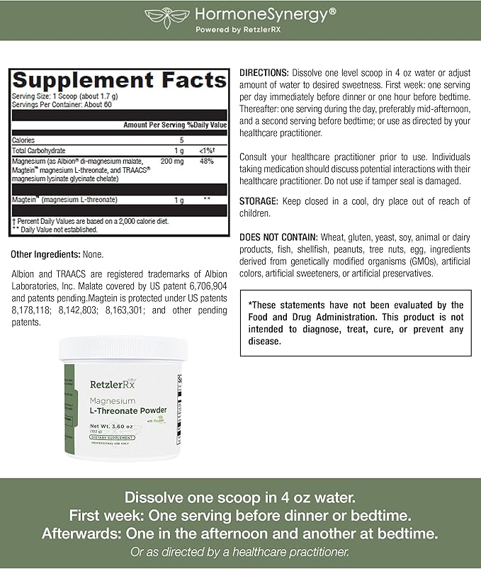 RetzlerRx Magnesium L-Threonate Powder with Magtein® - Brain-Supporting Magnesium Threonate Complex - Unflavored Gluten-Free Supplement for Cognitive Health - 60 Servings