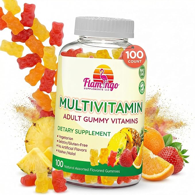 Flamingo Supplements Multivitamin Gummies | Vegan Friendly Kosher Halal NO Gluten or Gelatin no GMO| for Men Women &amp Kids| 3 Natural Flavors | Vitamins C B3 B12 Biotin Zinc &amp More| 100