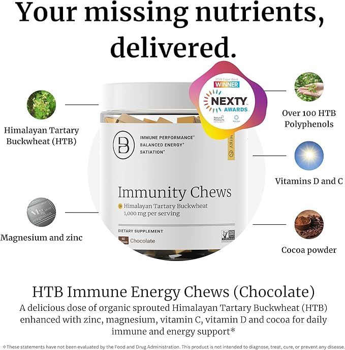 BIG BOLD HEALTH HTB Immunity Chews – Organic Himalayan Tartary Buckwheat Supplement to Support Natural Energy &amp Immune Function - Chocolate Flavor with Zinc Magnesium &amp Vitamins (60 Chews)