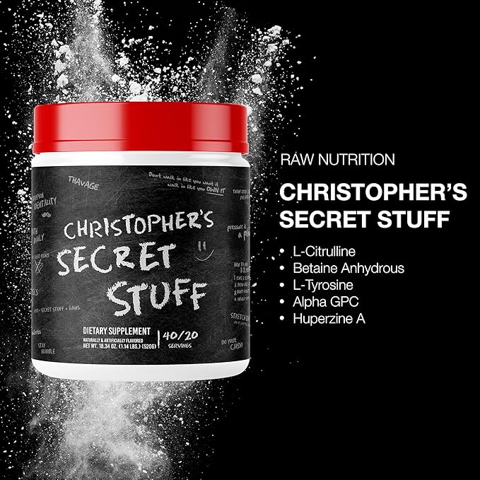 RAW Christopher's Secret Stuff Pre Workout Powder Thavage (Tastes Like Winning) - Chris Bumstead CBUM Preworkout Supplement for Men &amp Women - Working Out Hydration &amp Energy - 40 Servings
