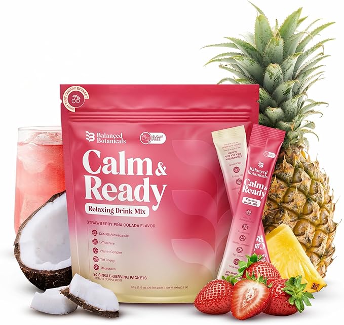 Calm and Ready Powder Drink Mix with Magnesium Glycinate Ashwagandha KSM 66 L Theanine and Tart Cherry Relaxation Support Supplement Strawberry Pina Colada 20 Travel Packets