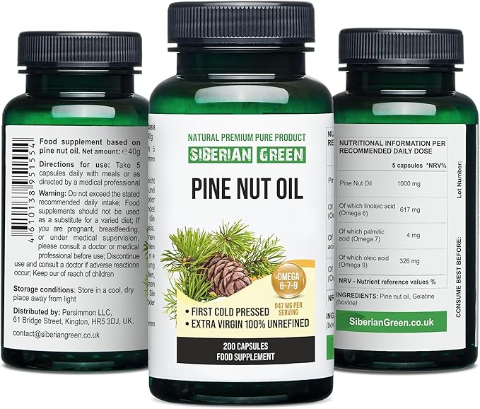 Siberian Green Pine Nut Oil Capsules 200 Softgels Wild Harvested Siberia Altai Cold Pressed Unrefined