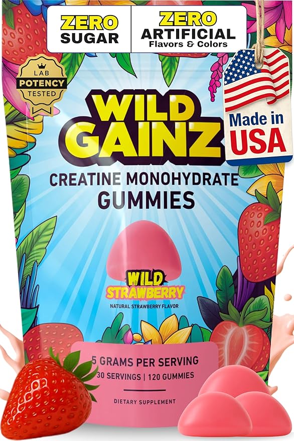 Creatine Monohydrate Gummies Sugar Free 5g - Made in USA - Pre Workout Creatine Chews for Women &amp Men Creatine Gummy Candy Chewable Nutritional Supplements NSF Certified (Strawberry 120 Count)
