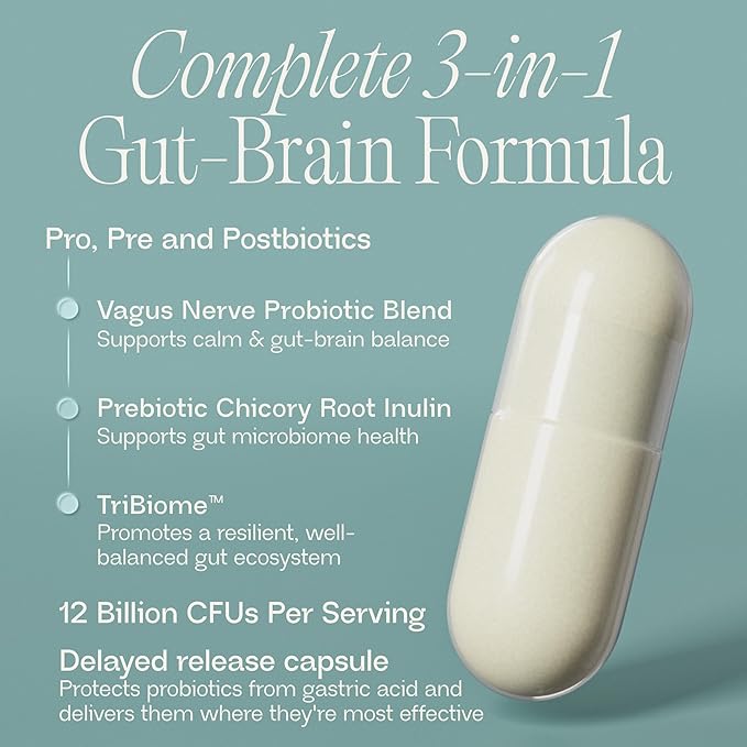 BIOMA Anti-Stress Probiotics – 3-in-1 Gut-Brain Axis Support for Stress Relief &amp Mood – Prebiotics Postbiotics &amp Clinically Studied Strains – Vagus Nerve Serotonin &amp Digestive Support –