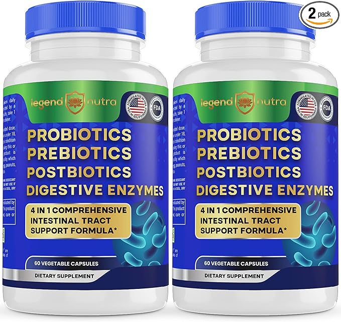 Probiotics + Prebiotics Postbiotics Digestive Enzymes = 4 in 1 Formula Supplement for Better Digestion Health Women Men and Gut 2-Pack 120 Count