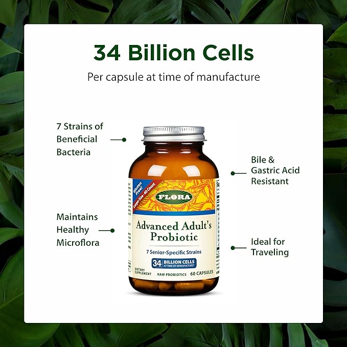 Flora - Advanced Adult's Blend Probiotic Seven Senior-Specific Strains Gluten Free Raw Probiotic with 34 Billion Cells 60 Capsules