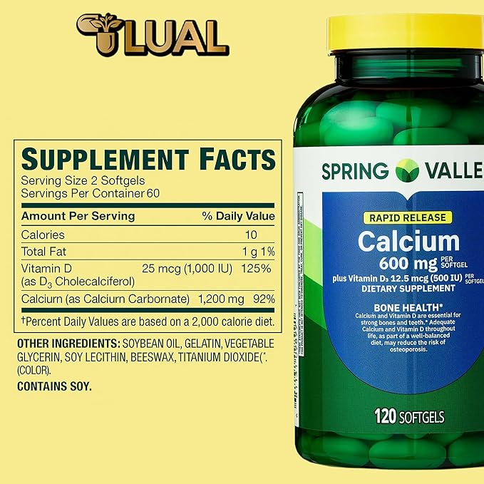 Spring Valley Calcium 600 mg + Vitamin D3 120 Softgels Bone Health Strong Teeth &amp Osteoporosis Support Rapid-Release Capsules Gluten-Free Supplement Bundle with Luall's 45 Diabetes Decoded