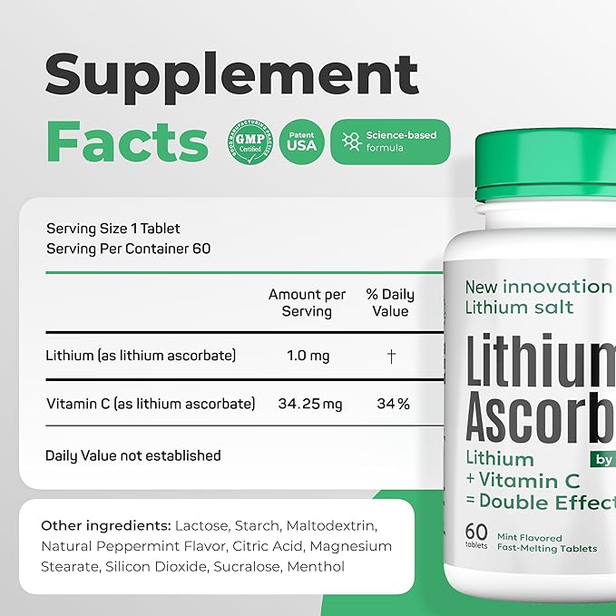 Lithium Ascorbate 1mg with Vitamin C – Brain Supplement for Focus Memory Mood &amp Stress Support – Cognitive Enhancer – 60 Tablets + Bonus Lithium Orotate (120 Tablets)