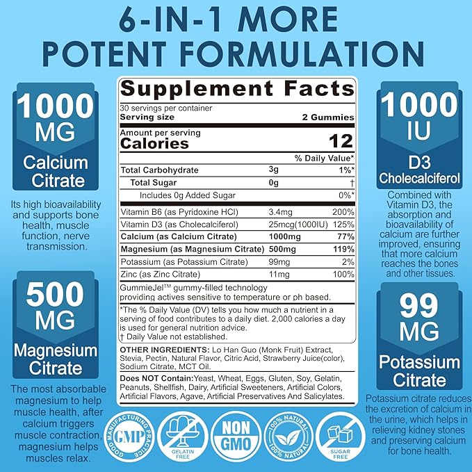 Calcium Citrate Vitamin D3 1000IU Gummies for Women &amp Men Sugar Free Bone Health Complex with Calcium Magnesium Zinc Potassium &amp B6 High Absorption Teeth Leg Cramp &amp Nerve Health Ve