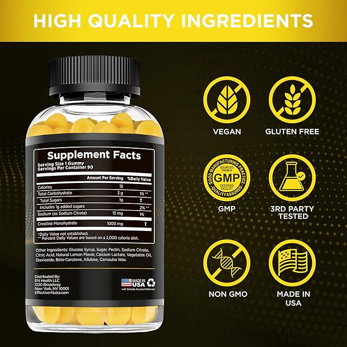 Effective Nutra Creatine Monohydrate Gummies - 1g Creatine per Gummy - Vegan Muscle &amp Strength Supplement for Men &amp Women - Supports Muscle Growth Energy Endurance - Lemon Flavor Made in US