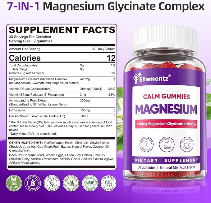 Magnesium Glycinate Gummies 420mg for Men &amp Women - Melatonin Free Magnesium with Ashwagandha L-Theanine Vitamin D3 &amp B6 (P5P) - Total Calm Strěss Rělief &amp Musclě Rělax Supplement -2 Pa