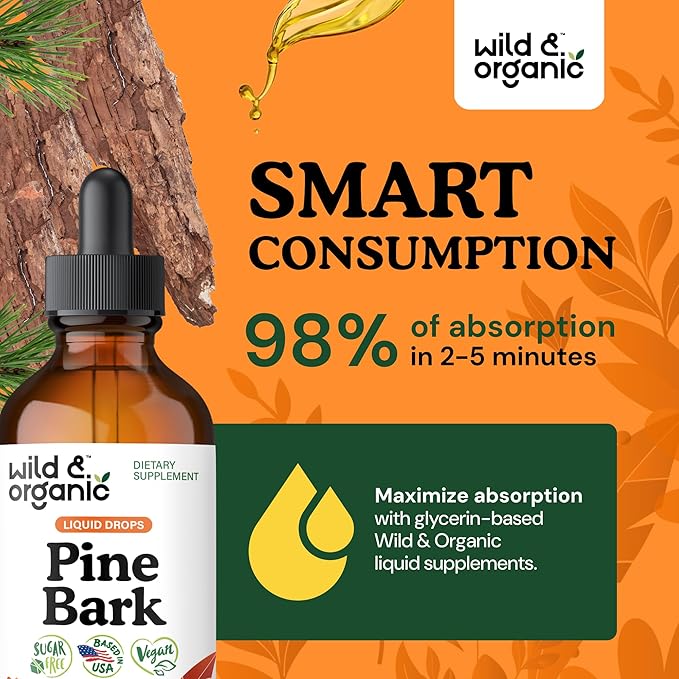 Wild &amp Organic Pine Bark Drops - Antioxidant Support - French Maritime Pine Bark Extract Tincture - 5-Month Supply - Pinus Pinaster Supplement - Vegan Sugar &amp Alcohol-Free - 4 fl oz