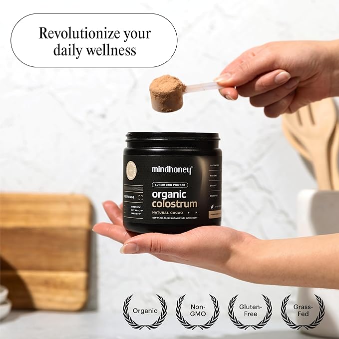 MINDHONEY Organic Colostrum | Premium Cacao Flavored Superfood Powder | Gut Health &amp Immunity Skin &amp Hair Anti-Aging Performance &amp Recovery | Grass-Fed Pasture-Raised | 30 Servings