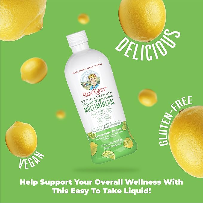 MaryRuth Organics Extra Strength Nighttime Liquid Multimineral | Sugar Free | Calm Magnesium Citrate | NO Melatonin | Calcium Magnesium Zinc | Muscle Relaxation | Lemonade Flavor | Vegan | 32 Serving