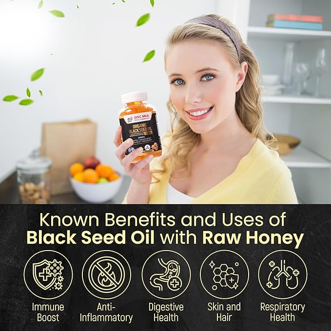 Organic Black Seed Oil Gummies 1500mg - Black Seed Oil Softgels Capsules with Honey Pineapple Flavor - Gluten Free Soy Free &amp Non-GMO