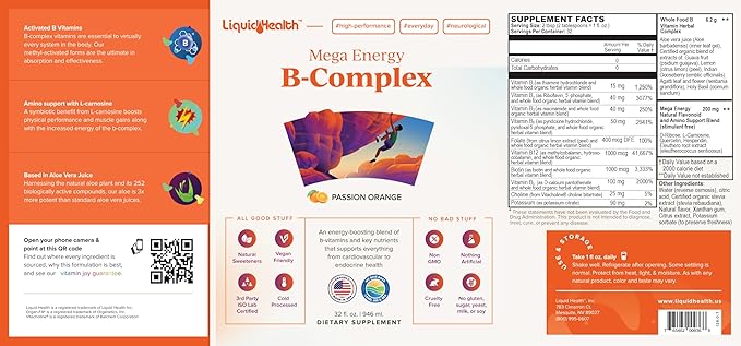 LIQUIDHEALTH Mega Energy Methylated B-Complex Adult Liquid Vitamin Supplement - Increase Energy Relieve Stress &amp Fatigue Immune Support Heart &amp Gut Health - Made in USA Vegan Sugar-Free