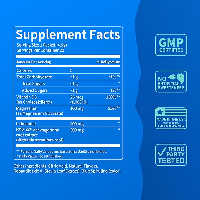 Nello Supercalm Drink Mix with Magnesium Glycinate KSM 66 Ashwagandha Vitamin D3 and L Theanine Calm Powder Supplements for Relaxation Support No Sugar Travel Packets 20 Ct Blue Coconut