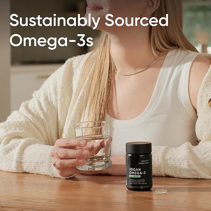 Sports Research Vegan Omega-3 Fish Oil Alternative from Algae Oil - Highest Levels of Vegan DHA &amp EPA Fatty Acids | Non-GMO Tested &amp Vegan Certified - 60 Veggie Softgels (Carrageenan Free)