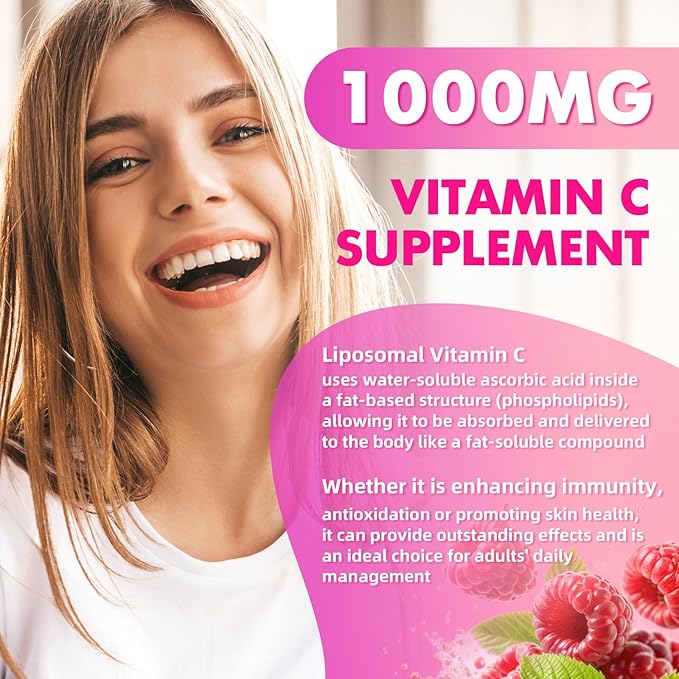 2 Pack Liposomal Vitamin C 1000mg Gummies for Adults Kids 1500mg Chewable Vitamin C w/Iron Zinc &amp Elderberry - Immune Support &amp Energy Collagen Booster Raspberry 120 Count