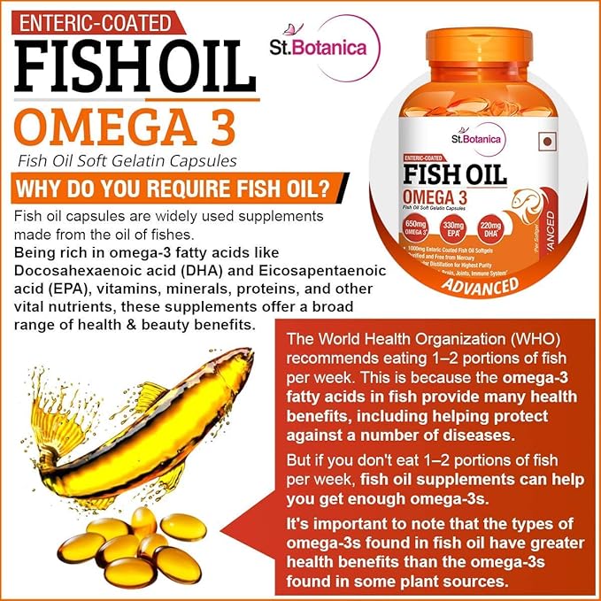 St.Botanica Fish Oil 1000 mg (Double Strength) with 600 mg Omega 3 (330mg EPA 220mg DHA) - 60 Softgels