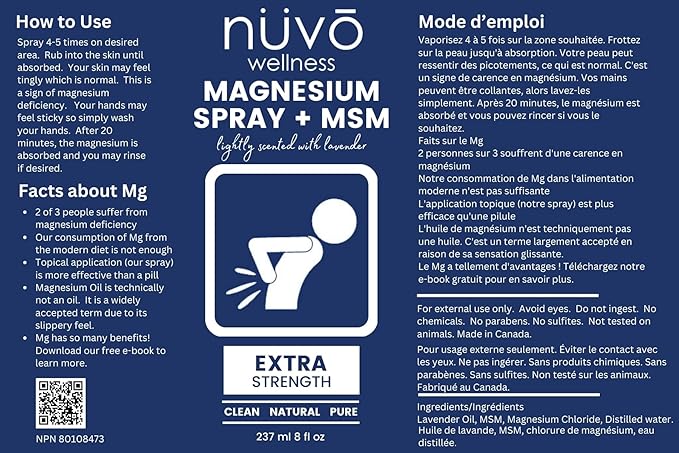 Nuvo Wellness Magnesium Spray with MSM – Extra Strength – Light Lavender Scent – 12oz
