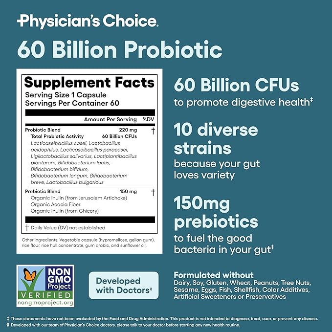 Physician's CHOICE - Optimal Gut Health Bundle: 60 Billion Probiotic 60ct + Digestive Enzyme 180ct for Digestive Comfort and Immune Support - Value Bundle