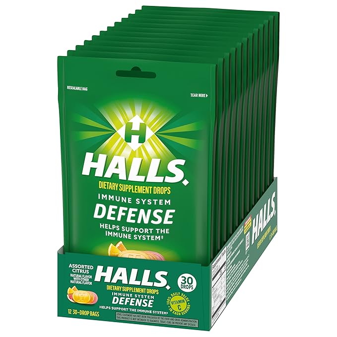 HALLS Defense Assorted Citrus Vitamin C Drops Dietary Supplement Drops 12 Bags of 30 Drops (360 Total Drops)