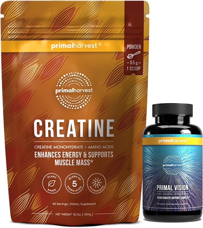 Primal Creatine Powder + Primal Vision Support Supplement Bundle | 2-Pack | Energy &amp Daily Eye Health Support | 30 Servings