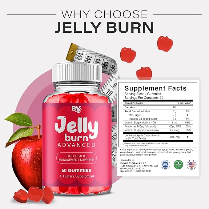 BLUE VIBE Jelly Burn Advanced Gummies Jelly Burn Premium Health Management and Overall Wellness Support Gummy Supplement JellyBurn Overall Health Support Supplement (3 Pack - 180 Gummies)