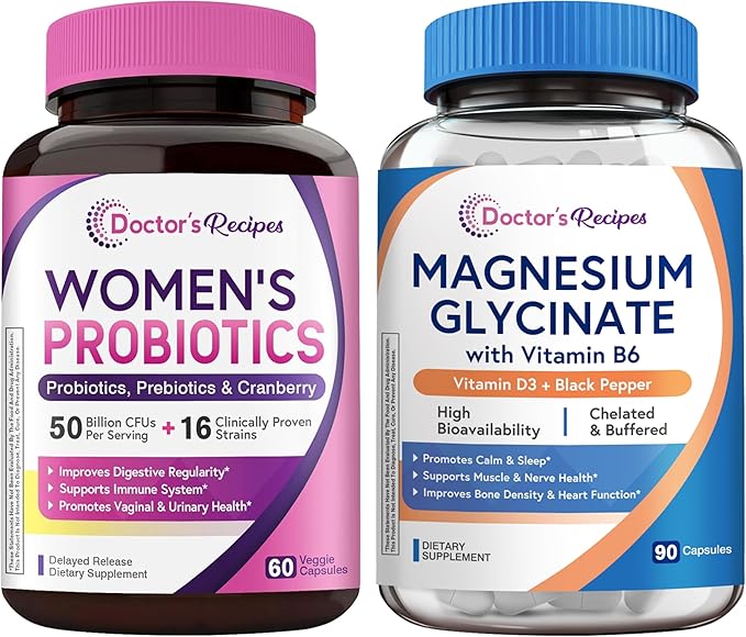 Doctor's Recipes Women's Probiotic 50 Billion CFU Strains 60 Capsules and Magnesium Glycinate 420mg with Vitamin B6 &amp D3